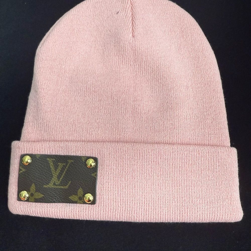 Brand new upcycled Louis Vuitton Pink Beanie with Gold Accents - Picture 3 of 4